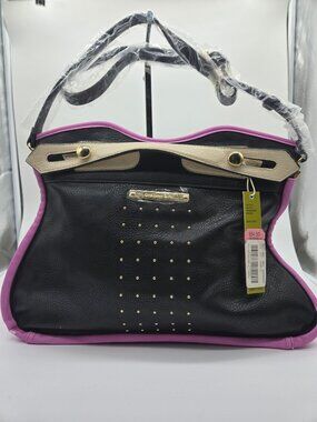 Gianni Bini Black & Pink Studded Faux Leather Handbag With Beige Accents - New W